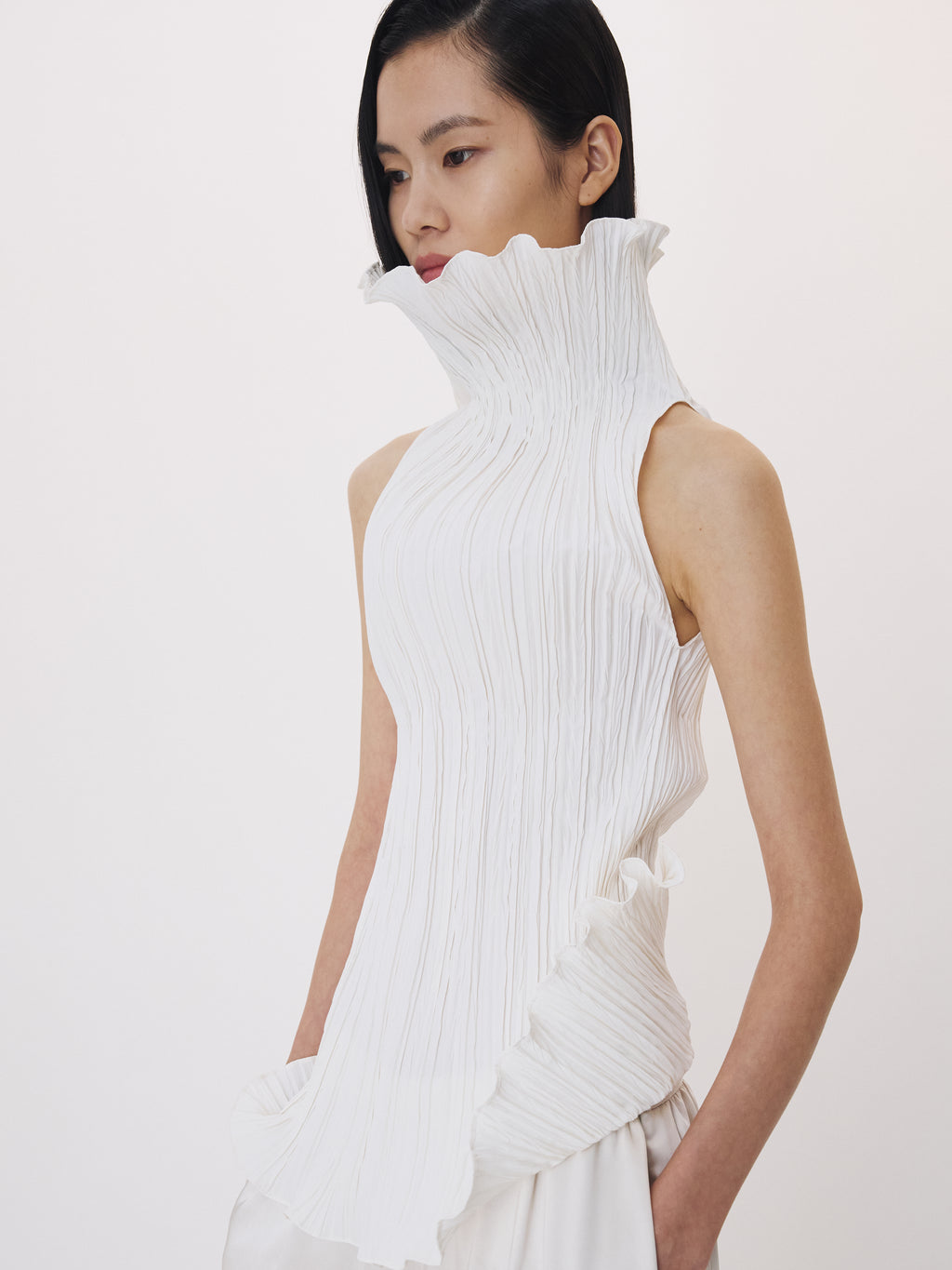 Pleated High Neck Top (Ivory)